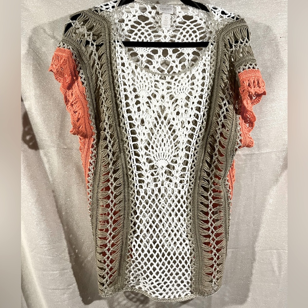 CHICOS WOMENS GLORIA ELEVATED COLORBLOCK OPEN KNIT CROCHET TOP COVER
